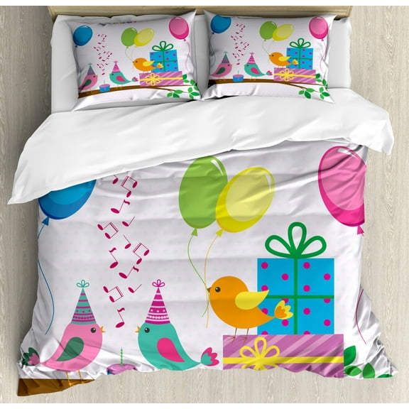 Kids Birthday Duvet Cover Set Queen Size, Singing Birds Happy Birthday Song Flags Cone Hats Party Cake Celebration, Decorative 3 Piece Bedding Set with 2 Pillow Shams, Multicolor, by Ambesonne