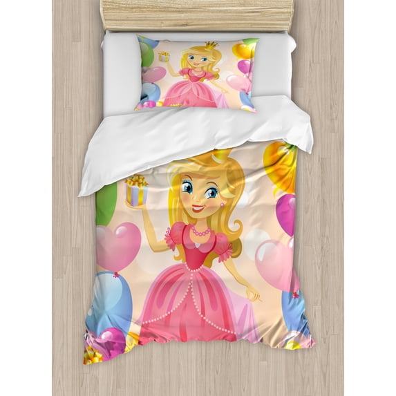 Kids Birthday Duvet Cover Set Twin Size, Birthday Girl Cute Sweet Princess Themed Image with Hearts and Balloons Image, Decorative 2 Piece Bedding Set with 1 Pillow Sham, Multicolor, by Ambesonne