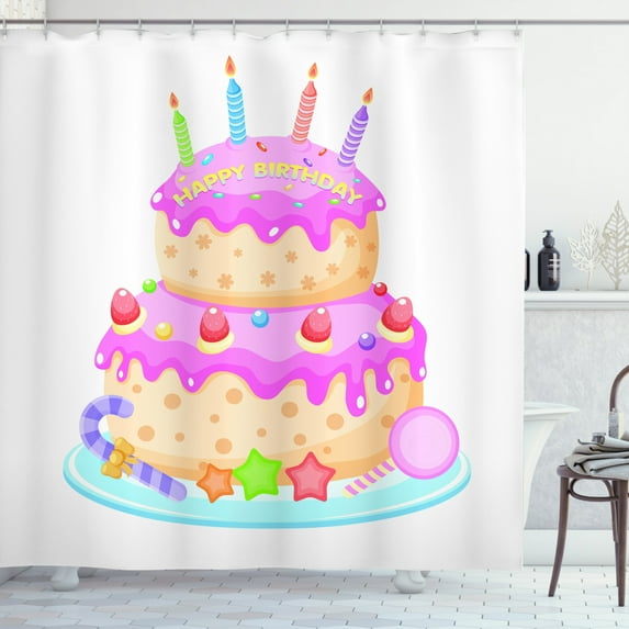 Ambesonne Birthday Party Shower Curtain, Candles and Candies, 69"Wx75"L, Pale Pink