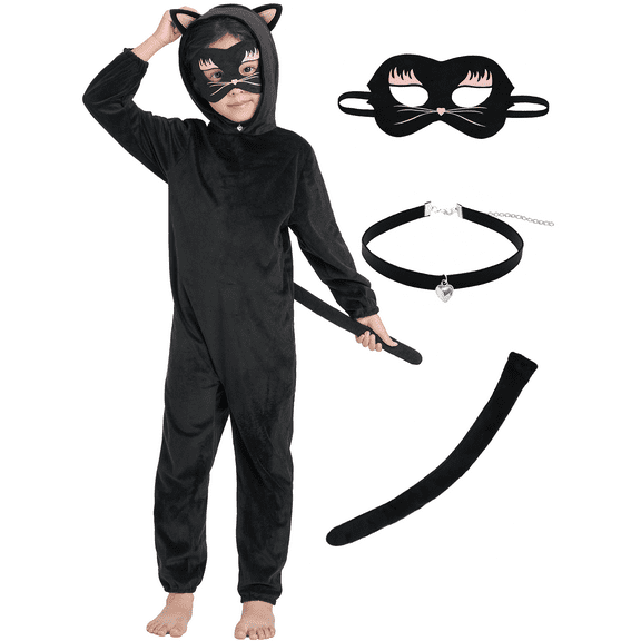 Kids Black Cat Costume, 3 Pcs Jumpsuit Fancy Dress Outfit Boys Girls Black Onesie Role-play for World Book Day Halloween Party 4-6Y