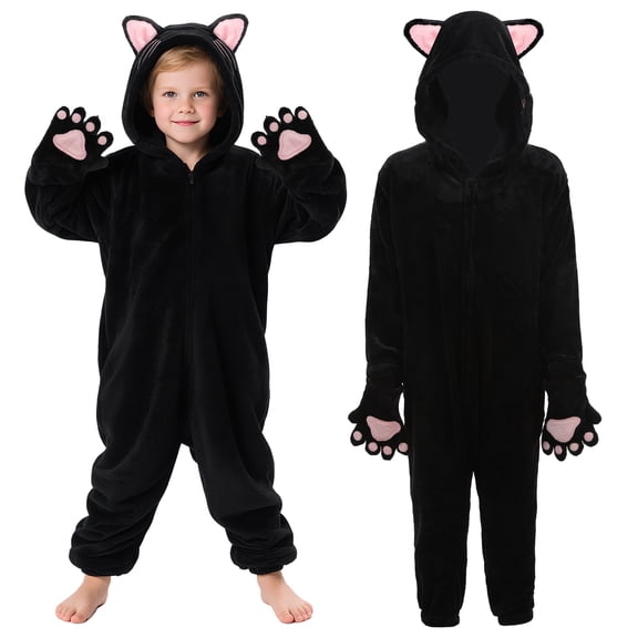 Kids Black Cat Onesie Costume Plush Jumpsuit with Cat Paws Hood for Halloween Christmas Party Homewear