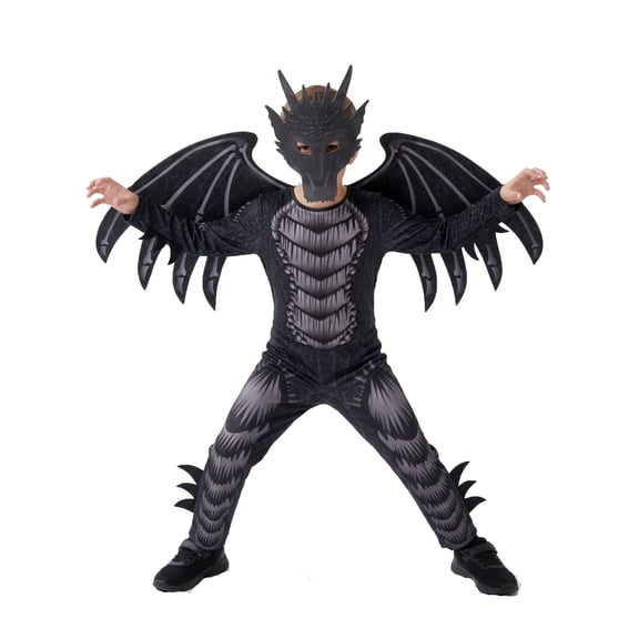 Kids Black Dragon Costume Set, Halloween Pretend Play Dress Up Jumpsuit with Wings and Mask for Boys & Girls