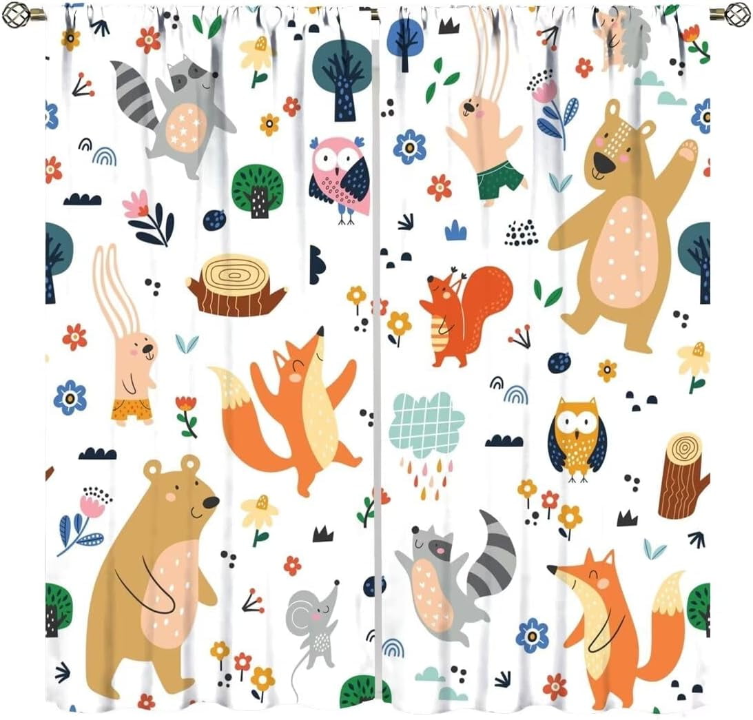 Kids Blackout Curtains,Each Panel W26 x 84" L,Baby Room Cartoon Forest Animal Cute Bear Fox Rod Pocket Curtains for Boys Girls Bedroom Living Room Nursery Window Drapes 2 Panel Set 52" x 84"