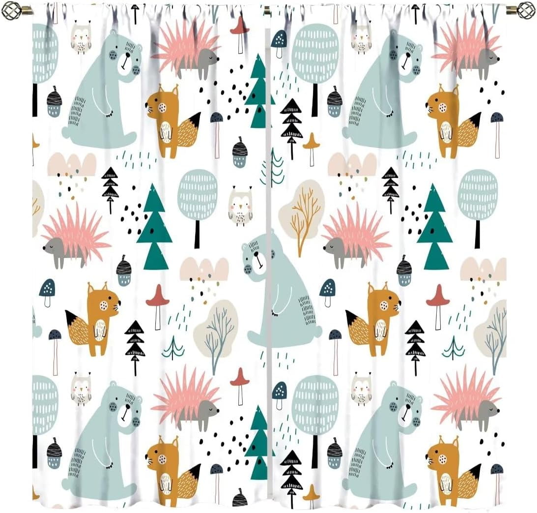 Kids Blackout Curtains,Each Panel W26 x 84" L,Cartoon Animal Forest Cute Bear Squirrel Rod Pocket Curtains for Boys Girls Bedroom Living Room Baby Room Nursery Window Drapes 2 Panel Set 52" x 84"