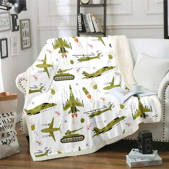 Kids Blanket Cartoon Aircraft Print Fleece Blankets Boys Teens Military Airplane Pattern Fighter Tank Sherpa Throw Blanket for Couch Bed Sofa 50" x 60"