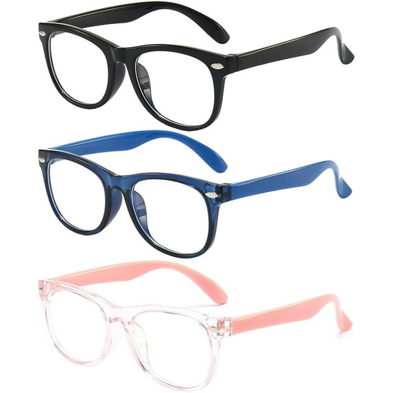Kids Blue Light Blocking Glasses 3 Pack Fanngo Kids Computer Reading Glasses for Boys And Girls Age 3-9 (Black + Dark blue + Light powder)