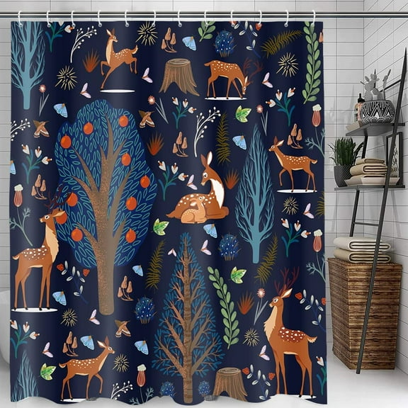 Kids Blue Shower Curtain, Rustic Woodland Forest Animal Deer Shower Curtain, Cartoon Woodland Tree Leaves Butterfly Mushroom Fabric Shower Curtain for Baby Bathroom with Hooks, 70X70IN