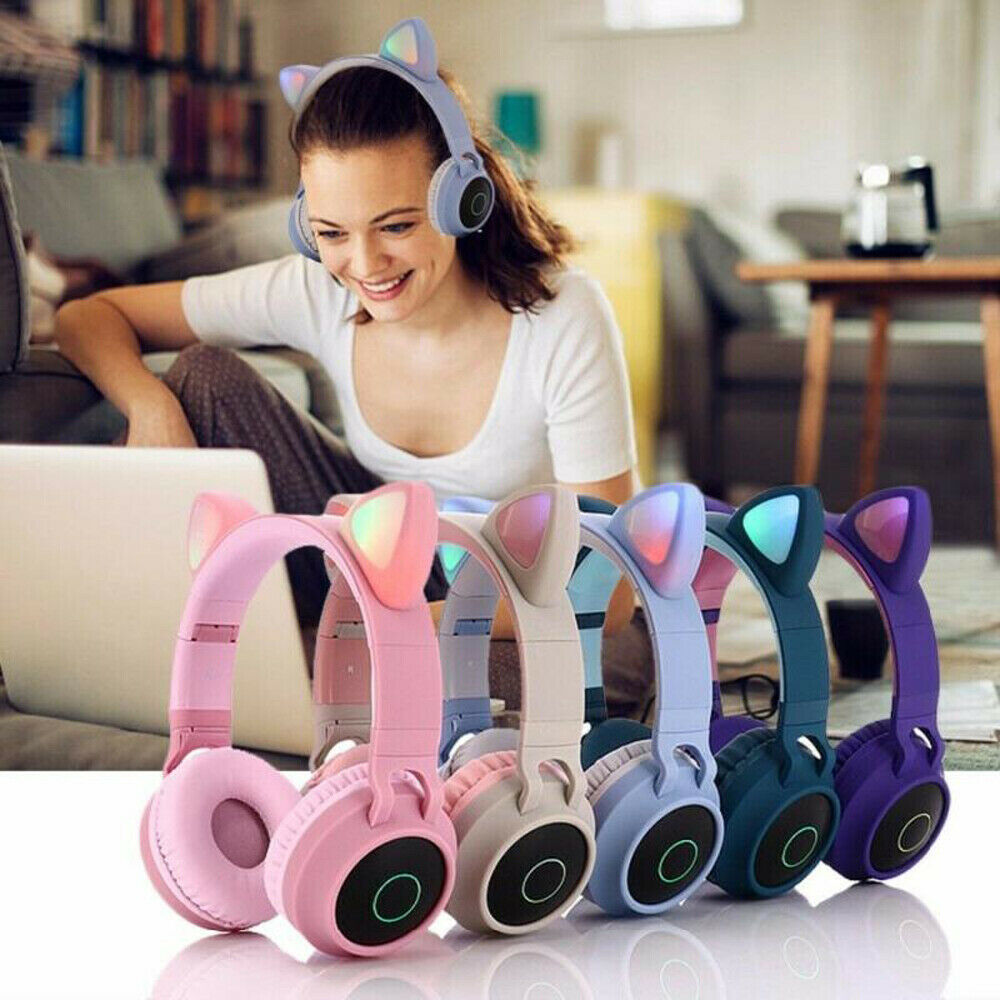 Kids Bluetooth 5.0 Cat Ear Headphones Foldable On-Ear Stereo Wireless Headset with Mic LED Light and Volume Control Support FM Radio/TF Card/Aux in Compatible with Smartphones PC Tablet-Pink - image 1 of 10