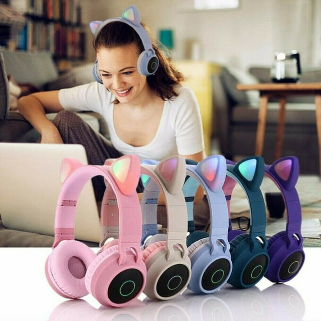 Kids Bluetooth 5.0 Cat Ear Headphones Foldable On-Ear Stereo Wireless Headset with Mic LED Light and Volume Control Support FM Radio/TF Card/Aux in Compatible with Smartphones PC Tablet-Pink