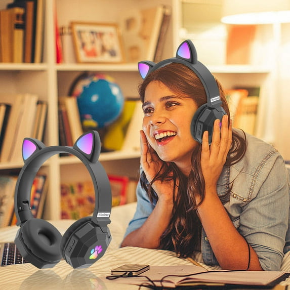 Kids Bluetooth Headphones, Cute LED Glowing Ears Wireless Headset, Foldable 7.1 Surround Sound, 10H Playtime, Built-in Mic, FM/TF Card/AUX, Gift for Boys/Girls, School/Sport/Gaming