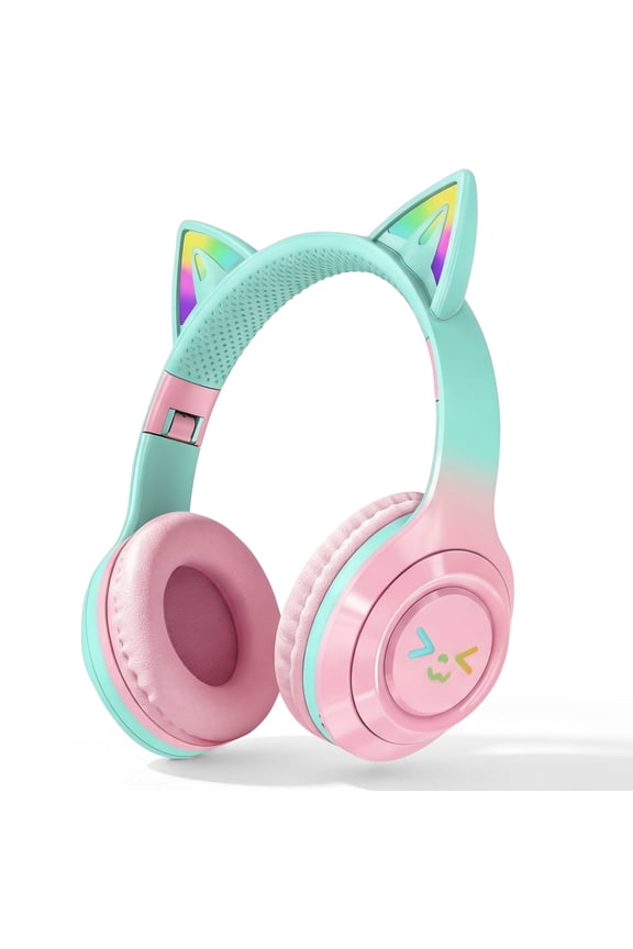 Cat Ear Bluetooth Headphones with LED Light, Wireless Foldable Headphones for Kids & Adults, Built-in Mic, SD Card Slot, Stereo Sound, 3.5mm Jack, Green/Pink
