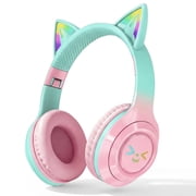 Rirool Cat Ear Bluetooth Headphones with LED Light, Wireless Foldable Headphones for Kids & Adults, Built-in Mic, SD Card Slot, Stereo Sound, 3.5mm Jack, Green/