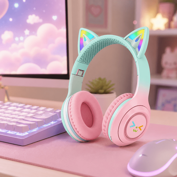RNKR Kids Headphones Cat Ears,Kid Wireless Headphones For Study | Gradient Color Headphones With Microphone And LED Light For Home, School