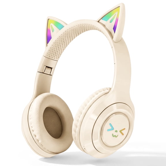 Rirool Cat Ear Bluetooth Headphones with LED Light, Wireless Foldable Over-Ear Headphones for Kids & Adults, Built-in Mic, SD Card Slot, 3.5mm Jack, Stereo Sound for School, Travel & Gaming, Beige
