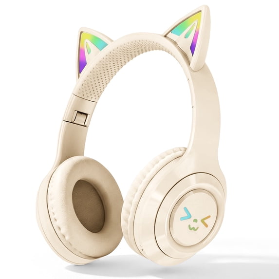 Rirool Cat Ear Bluetooth Headphones with LED Light, Wireless Foldable Over-Ear Headphones for Kids & Adults, Built-in Mic, SD Card Slot, 3.5mm Jack, Stereo Sound for School, Travel & Gaming, Beige