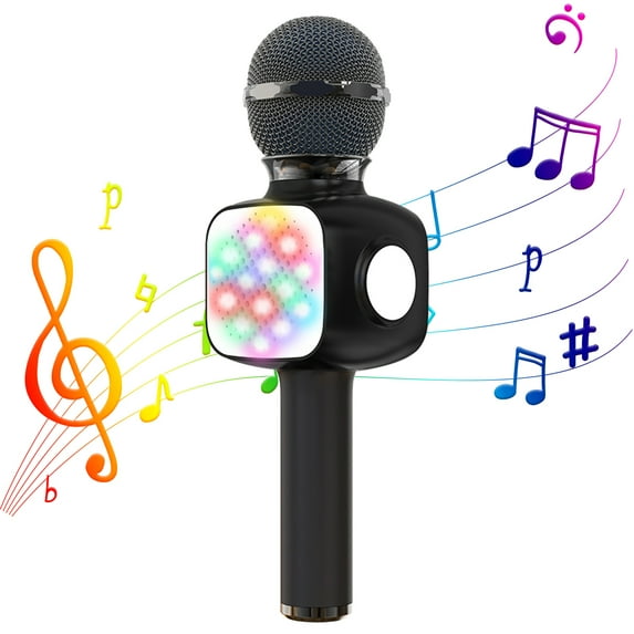 Kids Bluetooth Microphone, Wireless Karaoke Microphone with Flashing Light, Handheld Mic Speaker Singing Toy for Kids Adults, Black