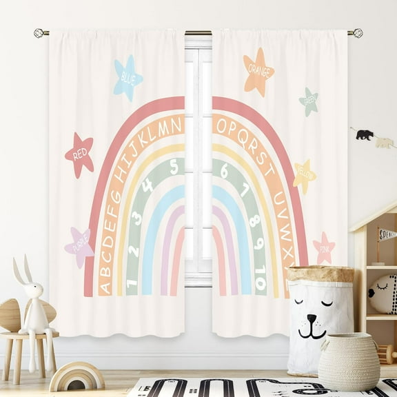 Kids Boho Rainbow Alphabet Curtains 42Wx63H Inch Rod Pocket ABC Numbers Nursery Playroom Classroom Decor Educational Learning Baby Girl Boy Child Toddler Bedroom Window Drapes Fabric 2 Panels