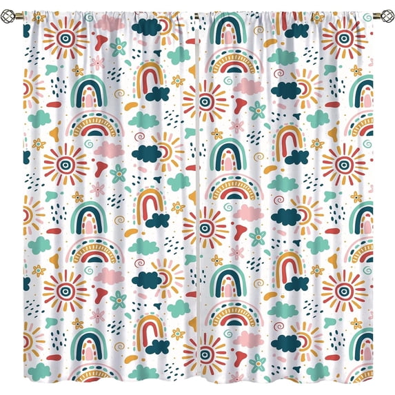 Kids Boho Rainbow Curtains Boys Girls Bedroom Window Shade Cartoon Fantasy Rainbow Clouds Flowers Printed Living Room Playroom Nursery Rod Pocket Blackout Drapes 55x63in