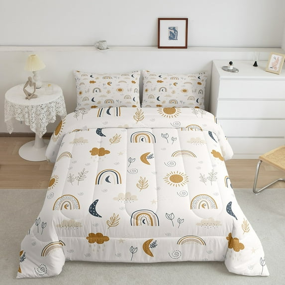 Boho Rainbow Twin Bed Comforter Set Cute Bohemian Sun Moon Bedding Set, Nature Botanical Leaf Comforter Natural Leaves Flowers Duvet Insert Beige, 1 Pillow Case