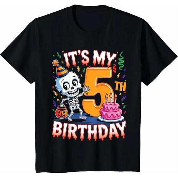 Kids Boo It's My 5th Birthday Halloween Skeleton 5 Years Old T-Shirt