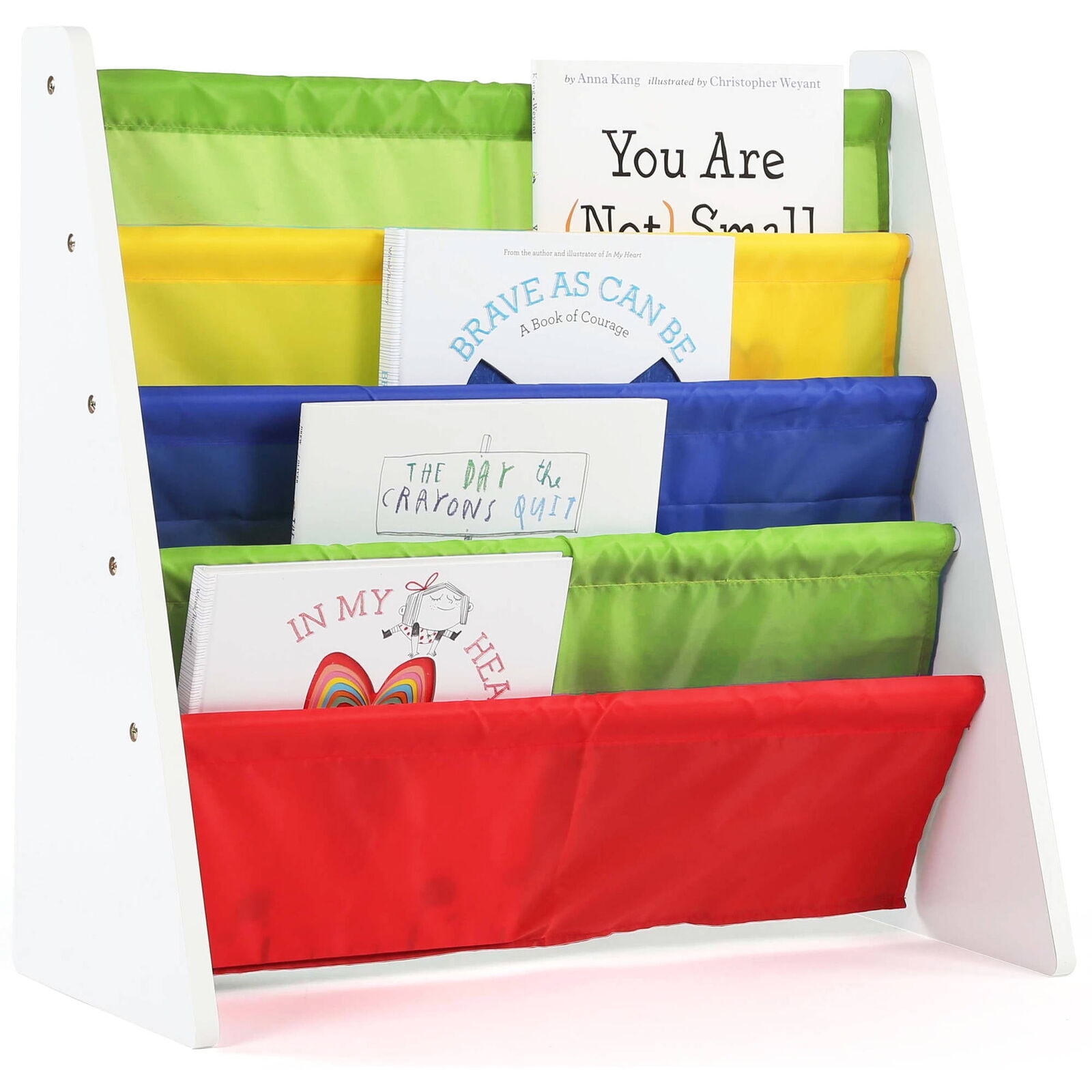 White and Primary Fabric Sling Kids Book Rack