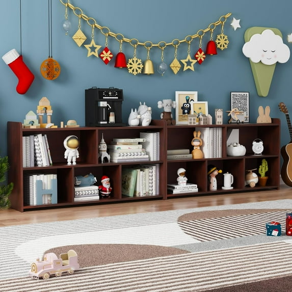 Kids Book Shelf Set of 2, 5 Cubes Storage Organizer Montessori Shelf, Wooden Kids Bookcase, Toy Storage Organizer for Children, Cherry Toddler Bookshelf Cube Shelf for Kid’s Room, Classroom