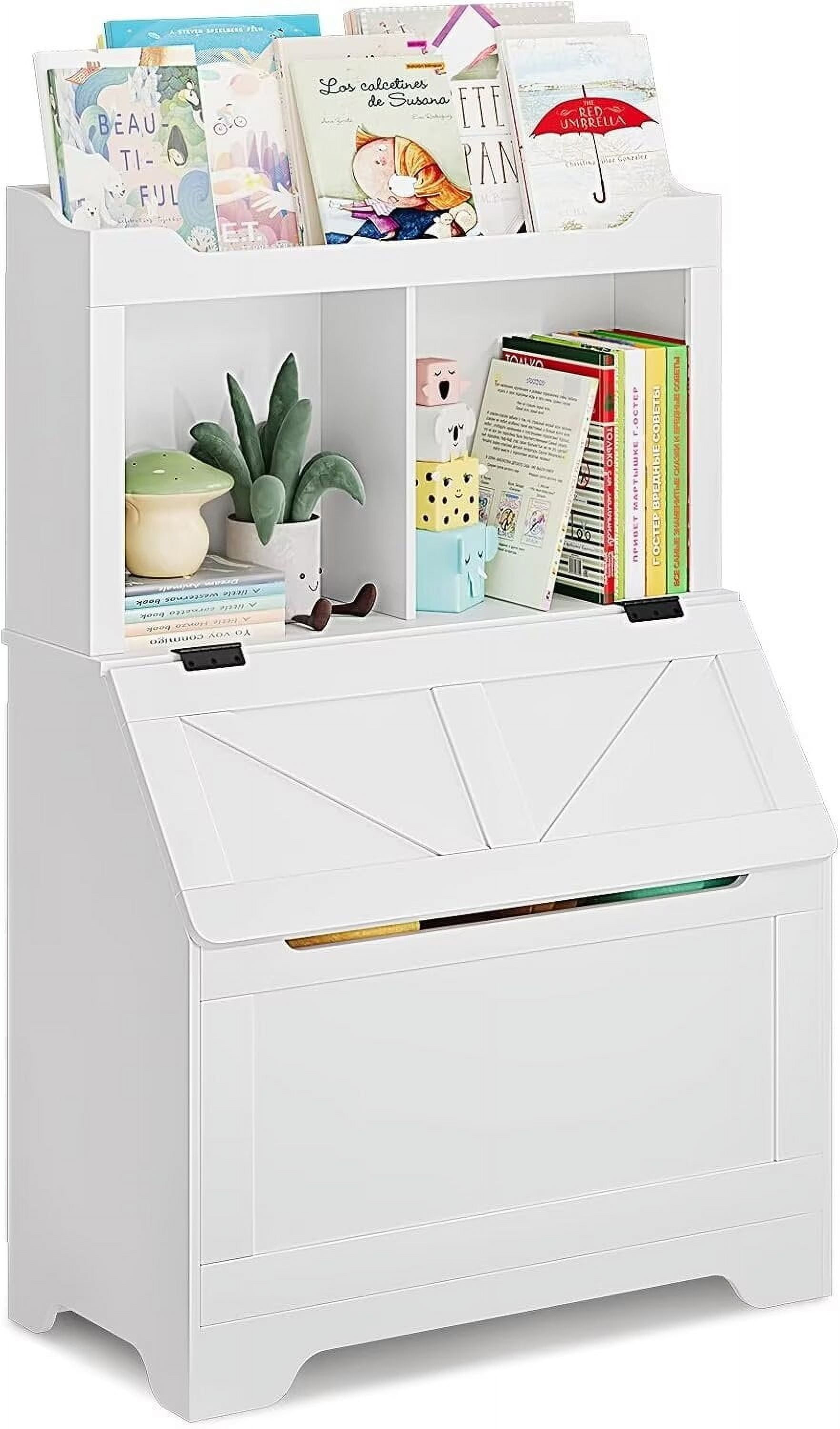 Kids Book shelf and Toy Storage Box, 3-layer Wooden Toy Storage Box with Flip Storage Box and 2-layer Children's Bookshelf, Suitable for Playroom, Bedroom Living Room, Kindergarten, White