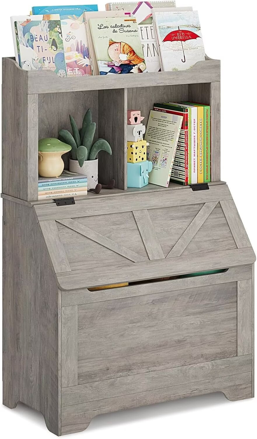 Kids Book shelf and Toy Storage Box, 3-layer Wooden Toy Storage Box with Flip Storage Box and 2-layer Children's Bookshelf, Suitable for Playroom, Bedroom Living Room, Kindergarten, Grey