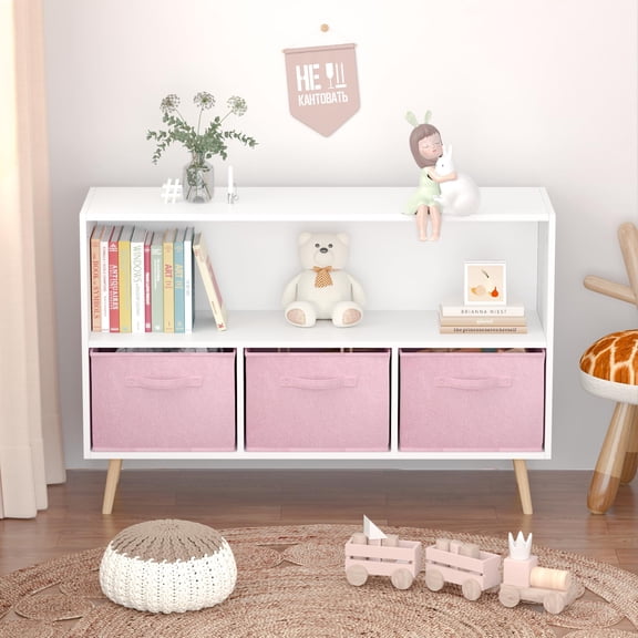 Kids Bookcase and Bookshelf, Multi-Shelf Cubby with 3 Collapsible Fabric Drawers, Equipped with Safety Buckle, Children's Book and Toy Display Rack, Toy Storage Organizer for Bedroom,Playroom,Hallway