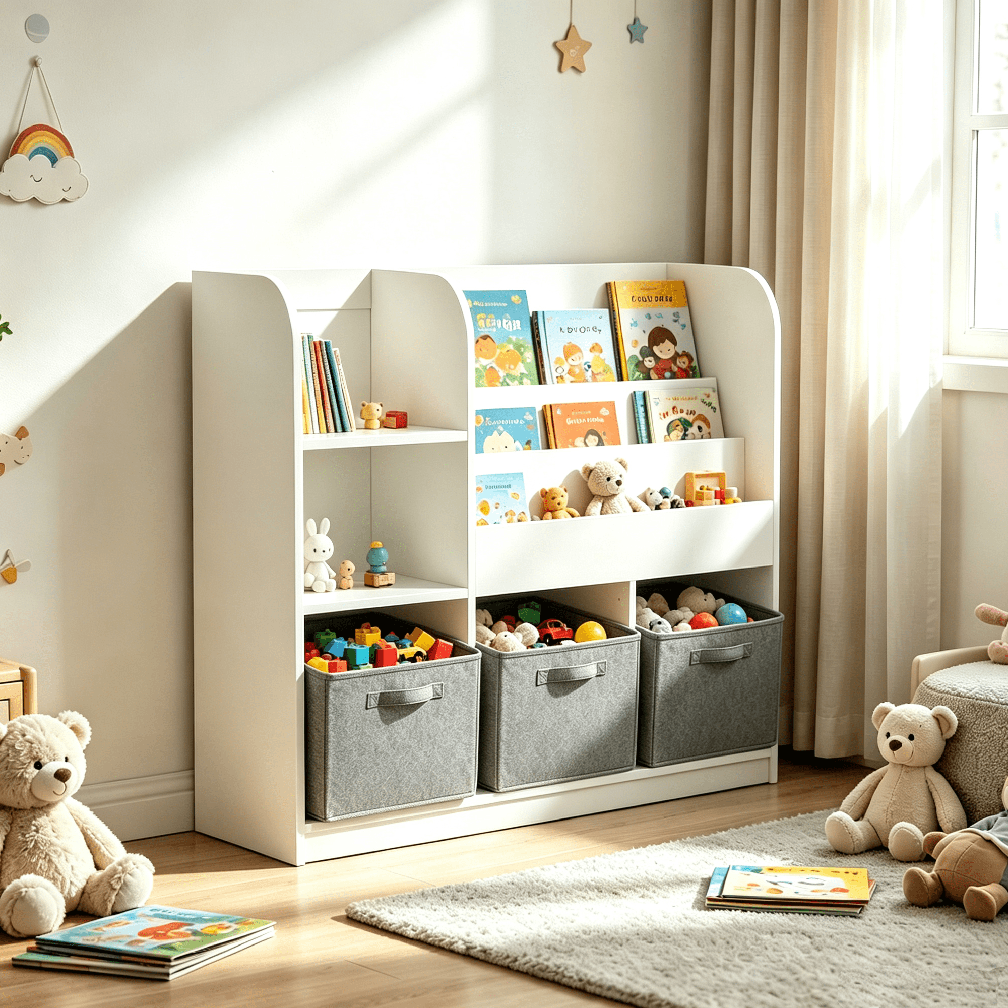 Kids Bookcase and Bookshelf, Multifunctional Bookcase with 3 Collapsible Fabric Drawers, Bookcase Display Stand, Toy Storage Organizer for Bedroom, Playroom, Hallway
