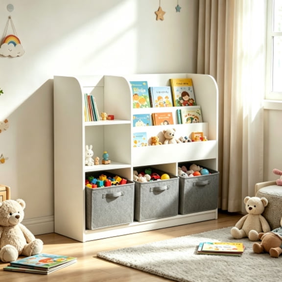 Kids Bookcase and Bookshelf, Multifunctional Children's Bookcase with 3 Collapsible Fabric Drawers, Book Display Stand & Toy Storage Organizer for Bedroom, Playroom & Hallway, White/Gray