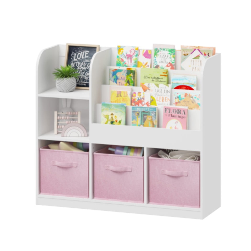 Kids Bookcase and Bookshelf, Multifunctional Children's Bookcase with 3 Collapsible Fabric Drawers, Book Display Stand & Toy Storage Organizer for Bedroom, Playroom & Hallway, White/Pink