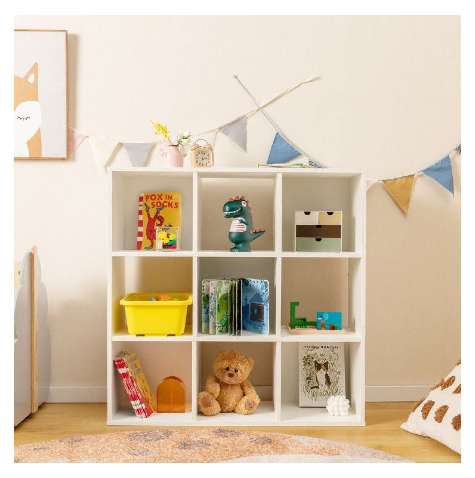 Kids Bookcase with Storage Cubbies, White 9-Cube Organizer, Anti-Toppling & Child-Friendly Design for Toys, Books, Clothes - Bedroom, Living Room, Kindergarten