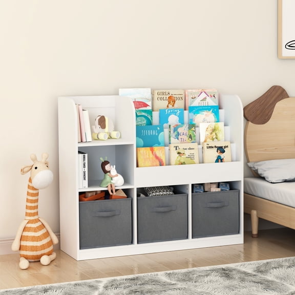 Kids Bookcase and Toy Storage with 3 Collapsible Fabric Drawers, Wooden Kids Bookshelf Toy Organizer with 4-Tier Display Shelf, Smooth Corner, Toddler Bookshelf with Storage for Bedroom, White