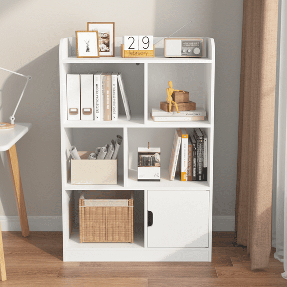 Kids Bookcase Wood Toy Storage Cabinet with 6 Compartments Freestanding Shelves and Cube Organizer, for Bedroom Living Room Office Closet School