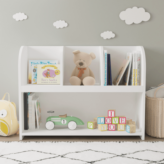 Kids Bookcase with 4 Open Shelves & Bottom Toy Storage Cabinet, Safety Wall Mounted for Nursery, Playroom & Children's Bedroom