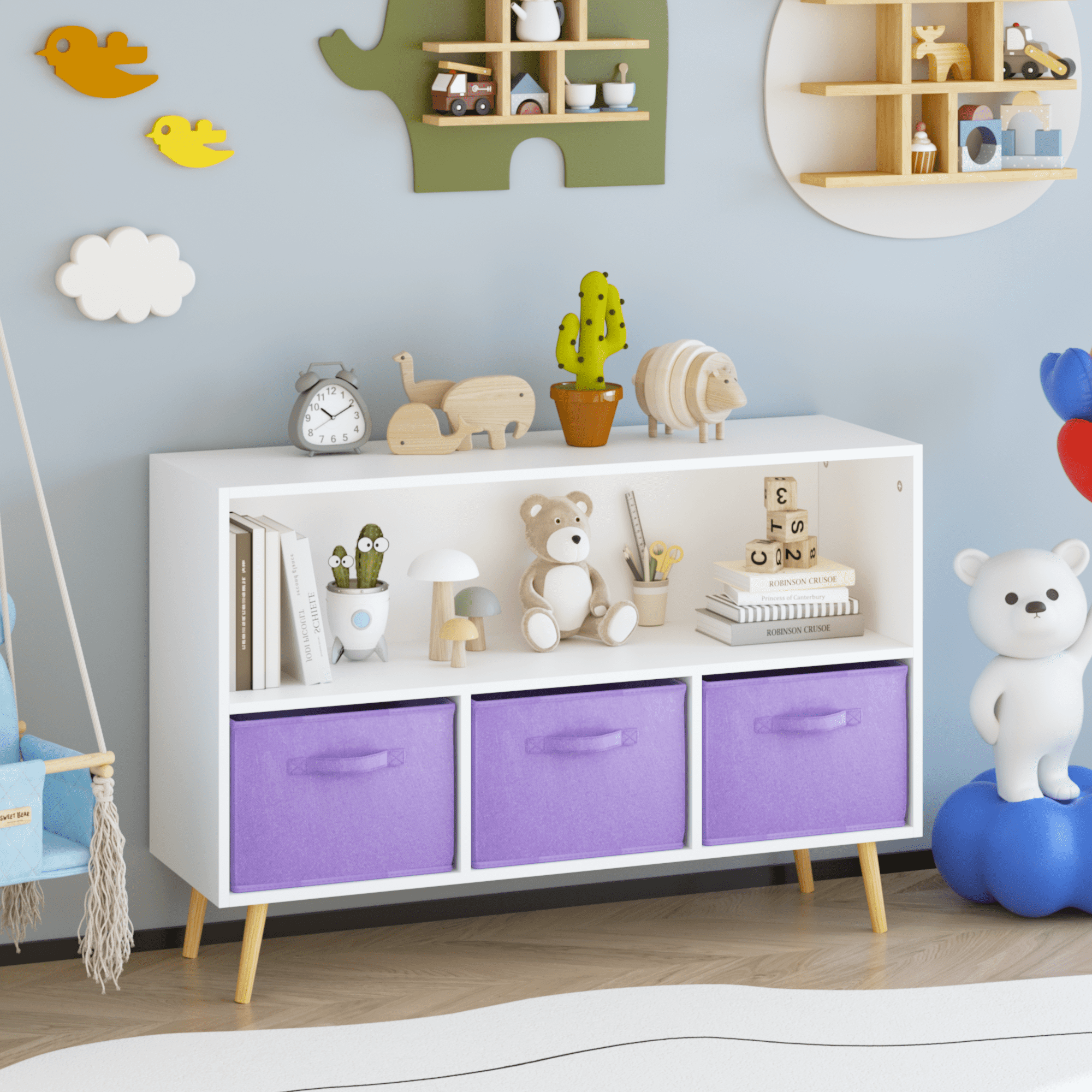 Kids Bookcase with Collapsible Fabric Drawers, Children Book Display & Toy Storage Organizer, White/Purple, Anti-Tip Safety Cabinet