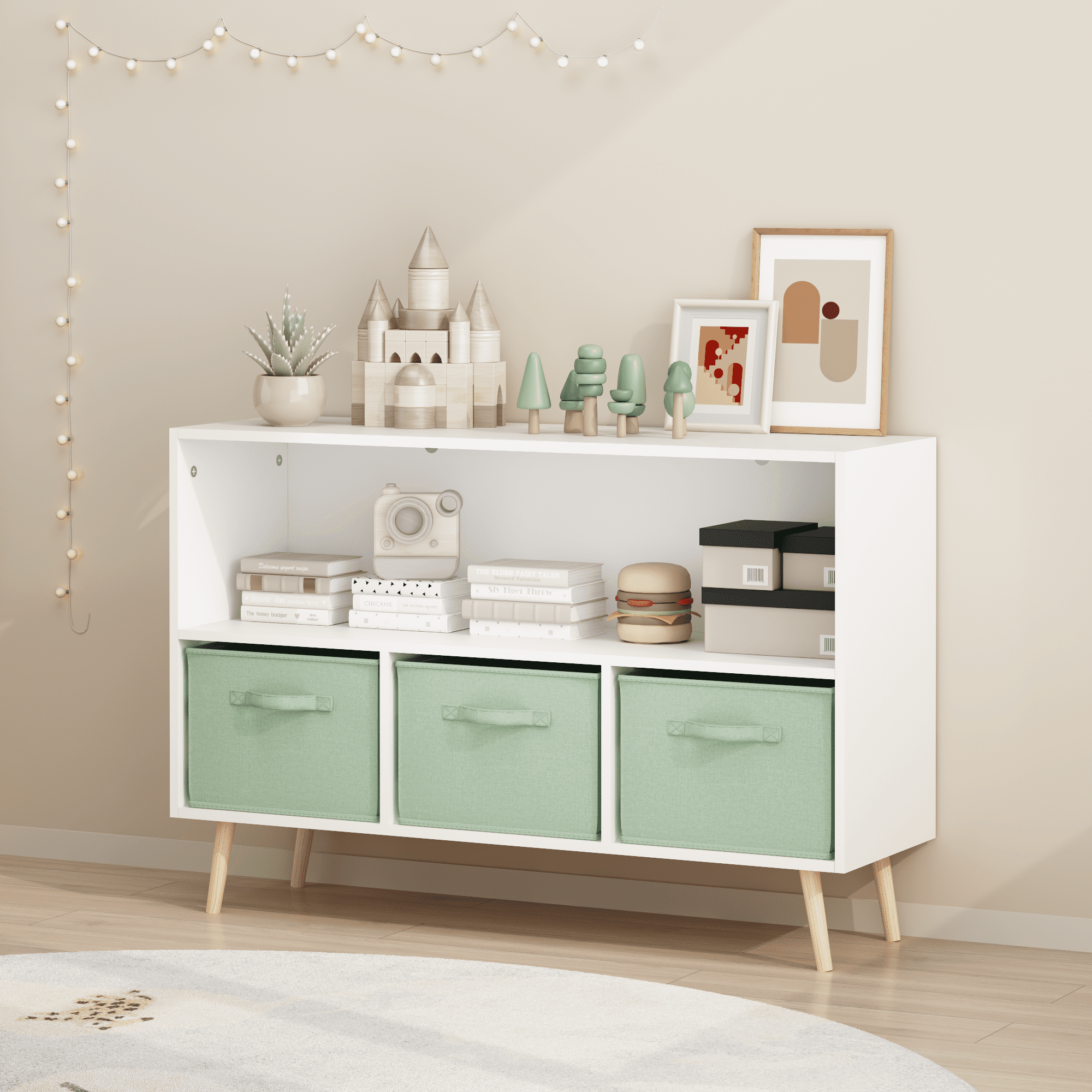 Kids Bookcase with Collapsible Fabric Drawers, Children’s Book Display & Toy Storage Organizer, MDF Cabinet with Pine Legs, White/Green