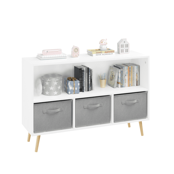 Kids Bookcase with Collapsible Fabric Drawers, Childrens Book Display and Toy Storage Cabinet Organizer for Small Spaces, White/Gray MDF