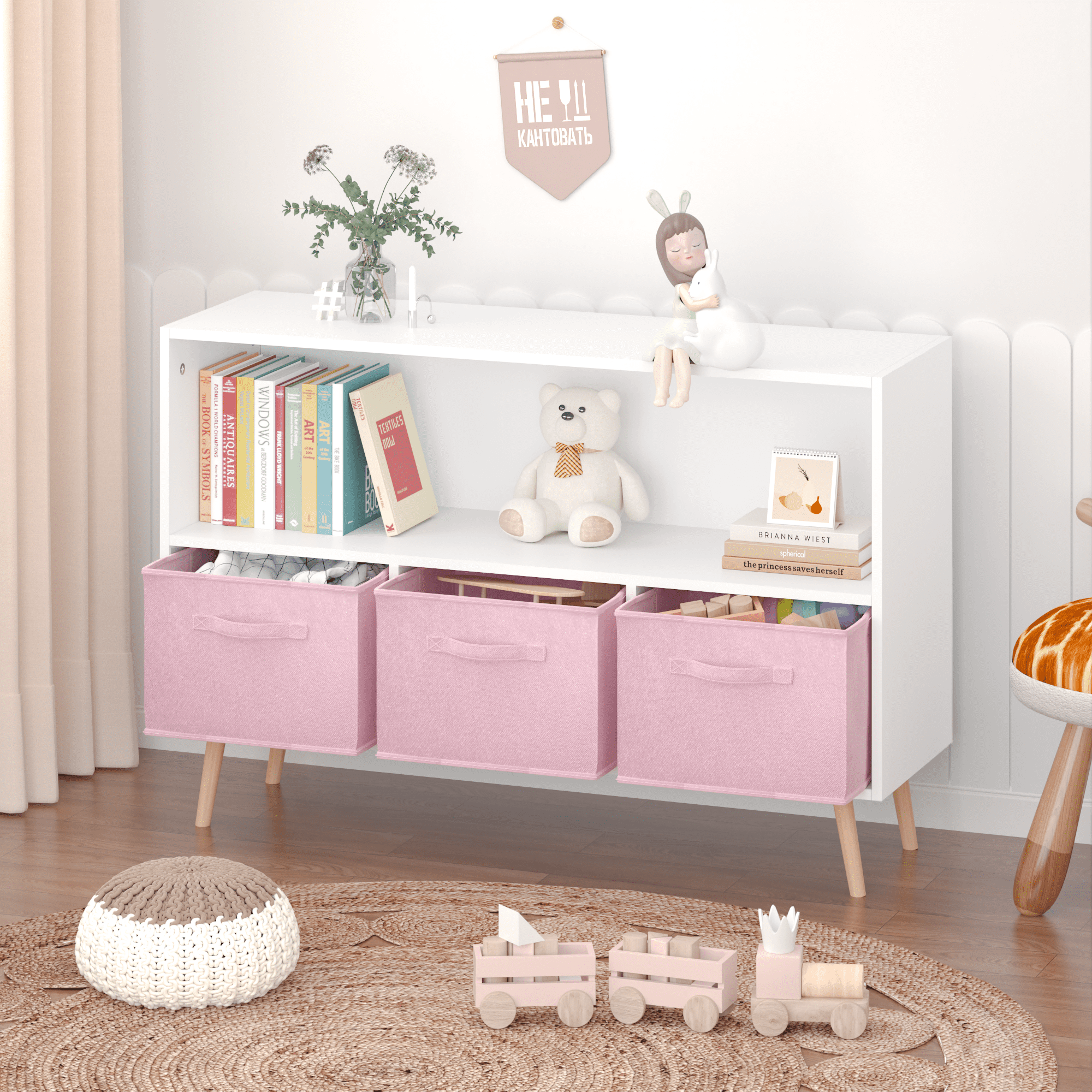 Kids Bookcase with Collapsible Fabric Drawers Toy Storage Cubby Children s Book Display Toy Storage Cabinet Organizer White Pink Walmart