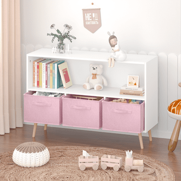 Kids Bookcase with Collapsible Fabric Drawers,Toy Storage Cubby,Children's Book Display,Toy Storage Cabinet Organizer,White/Pink