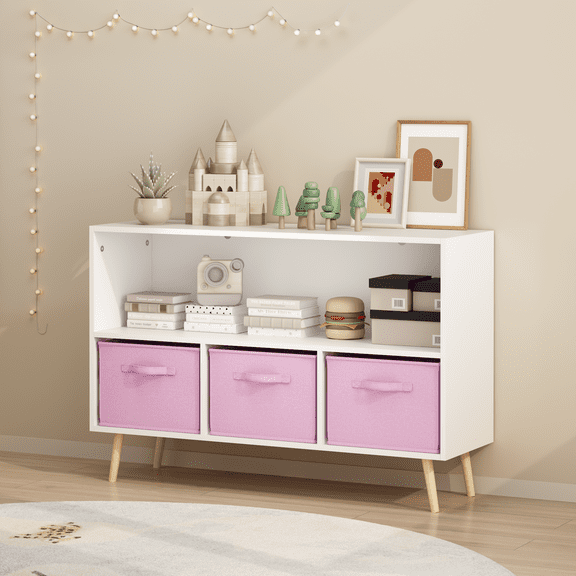 Dokea Kids Bookcase with Collapsible Fabric Drawers - White/Pink Storage Cabinet