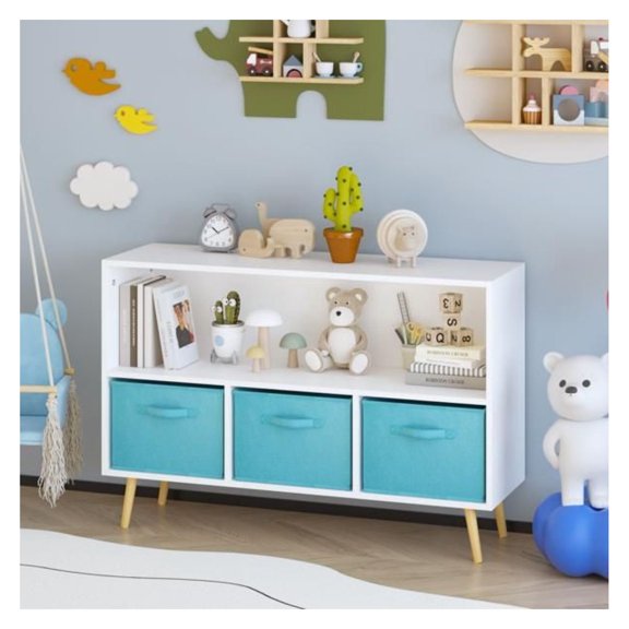 Kids Bookcase with Drawers, Children's Book Display & Toy Storage Organizer - White/Blue, Stable & Safe