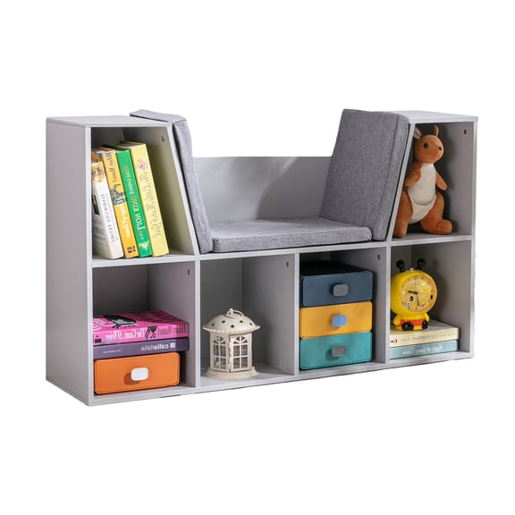 Kids Bookcase with Reading Nook, 6-Cubby Storage Organizer for Toys & Books, Grey
