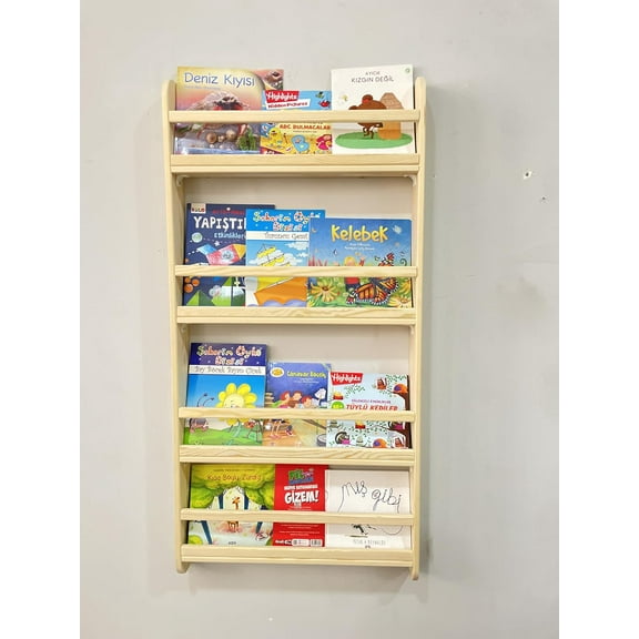 Kids Books Anti-Fall Front Lip Montessori Bookshelf, Handcrafted Slim Behind the Door Shallow Shelf, Front Facing Secure Design Wooden Toddler Bookcase, Pine Nursery Shelf for Small Spaces (4 tier)