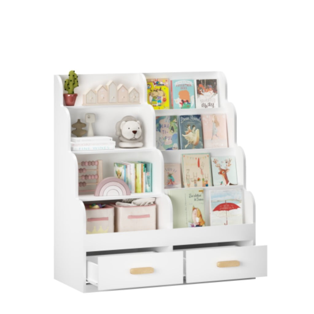 Kids Bookshelf with 2 Storage Drawers, Front-Facing Children's Bookcase & Toy Organizer, Multi-Tier Wooden Reading Shelf for Toddlers, Nursery, Playroom & Bedroom, White
