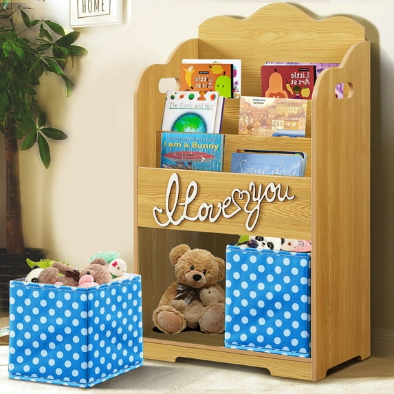 Kids Bookshelf With 2 Toy Storage Bins, Toddler Small Bookshelf with 3-Tier Display Stand, Modern Wood Bookcase with Handles for Kids Bedroom Nursery Classroom, Brown