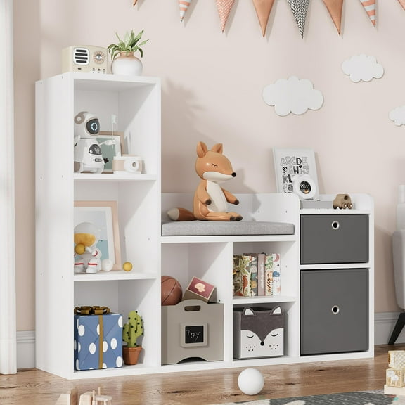 44.1'' Wide Kids Bookshelf, Toy Storage Organizer with Reading Nook, White Bookcase Seat Cushion, Wooden 6-Cubby Storage Bench 2 Drawers Toddler Cabinet Shelf for Kids Room/Playroom/Nursery