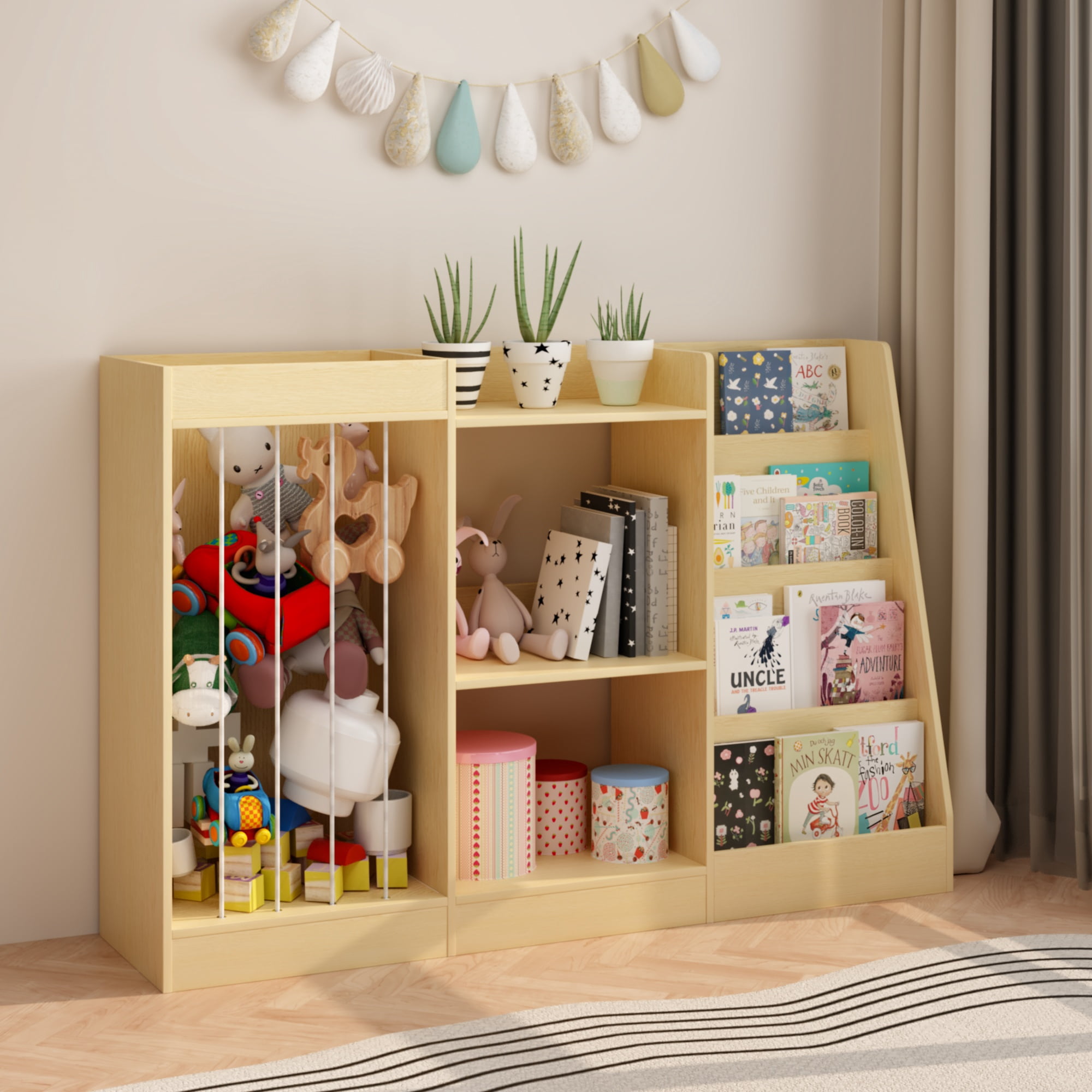 Kids Bookshelf 47.3 Inch, 4-Tier Bookcase with Toy Storage and Stuffed Animal Organizer, Montessori Bookshelf for Nursery and Playroom, Natural