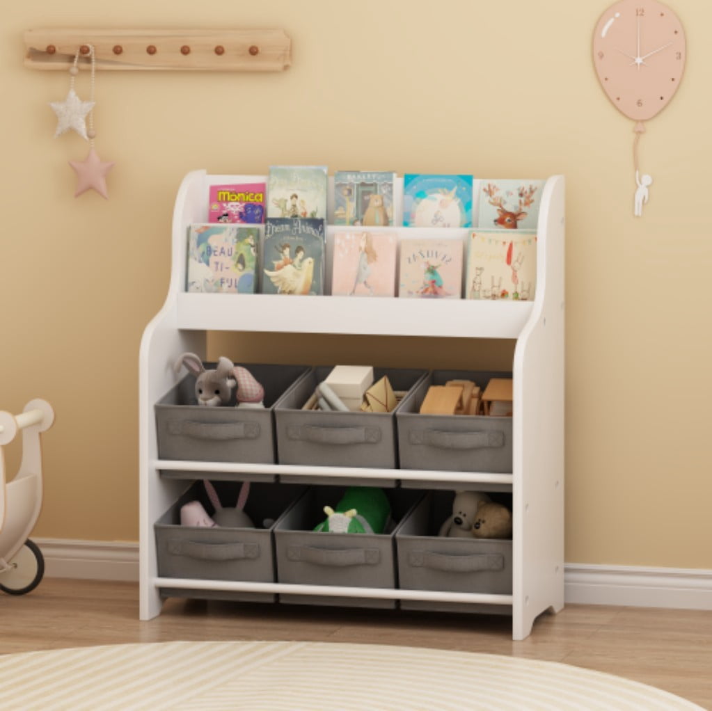 Kids Bookshelf with 6 Fabric Storage Bins, 3-Tier Front-Facing Bookcase & Toy Organizer, Children's Book Display Shelf for Playroom, Nursery & Bedroom